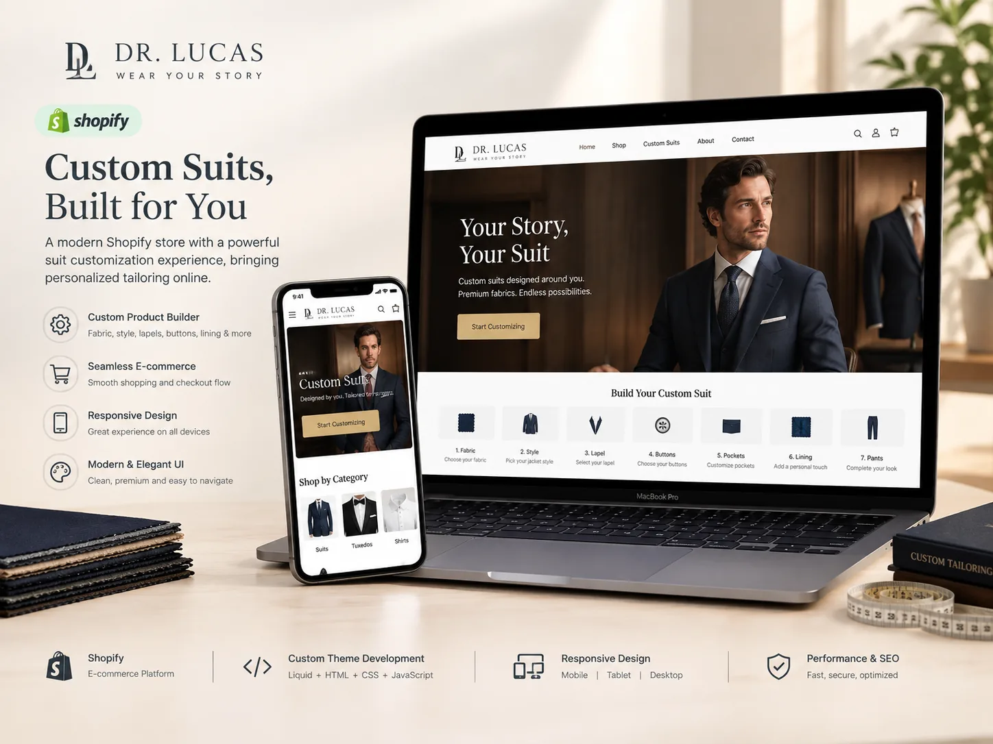 Dr. Lucas website showing a suited model beside the brand's tailoring details