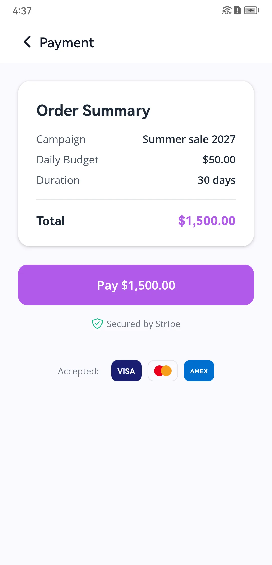 Appvertise 支付页面，展示订单摘要与 Stripe 结账按钮