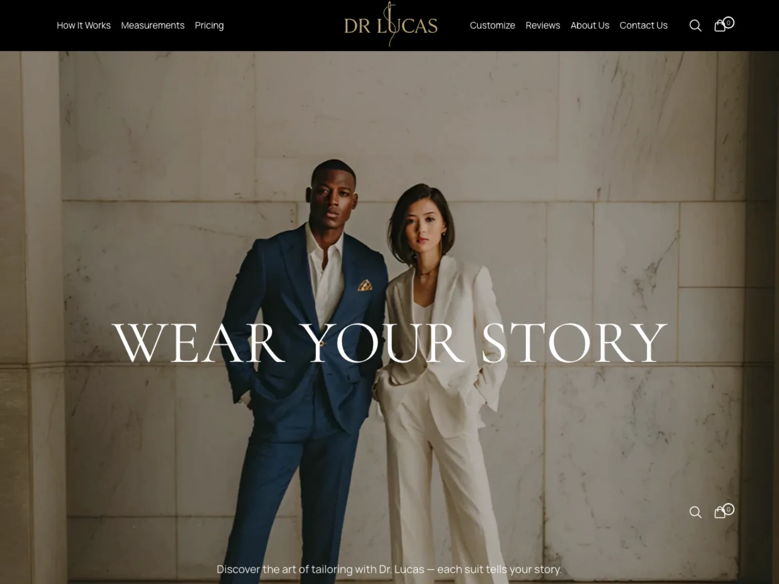 Dr. Lucas 首页，两位身穿西装的模特站在 Wear Your Story 标题下方