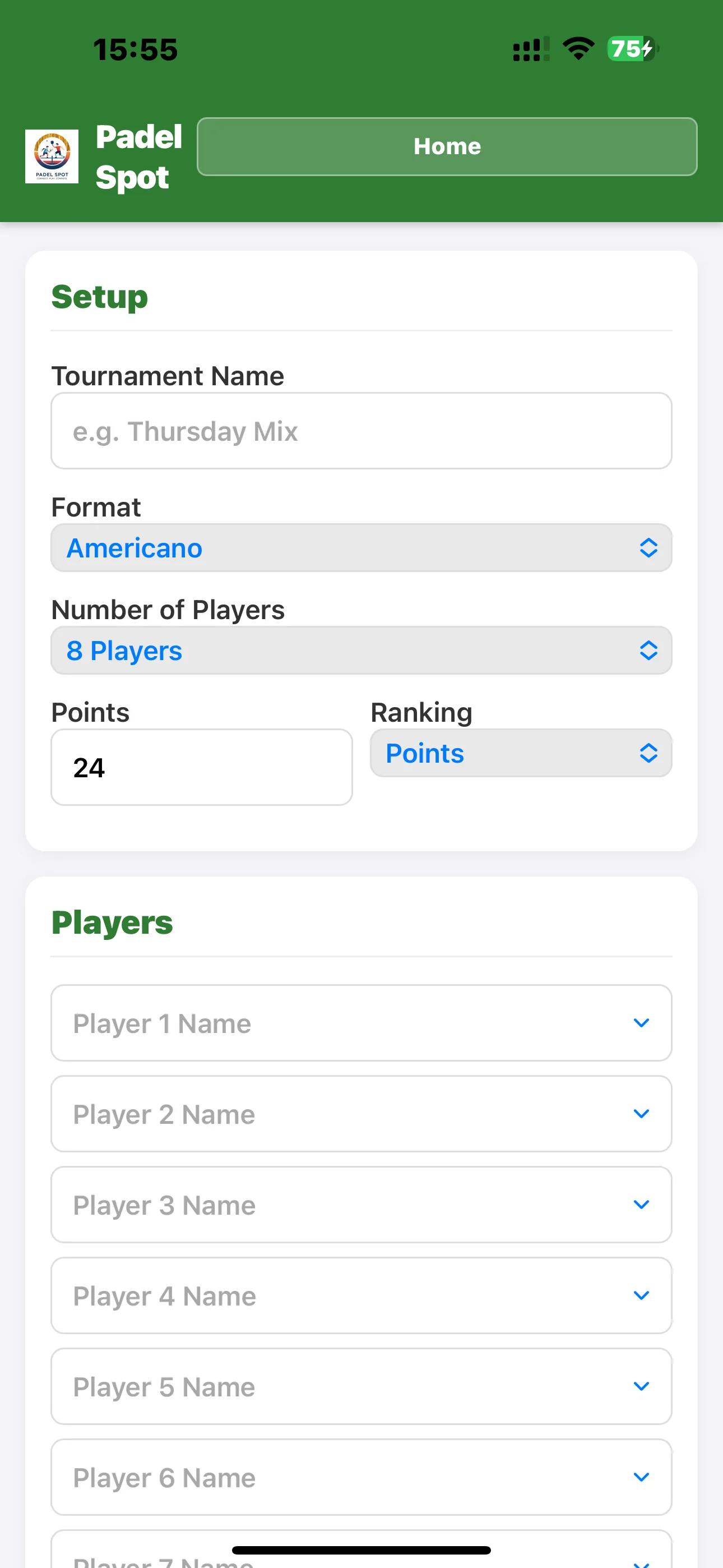Tournament setup screen with Americana format, eight players, points, ranking, and player name fields